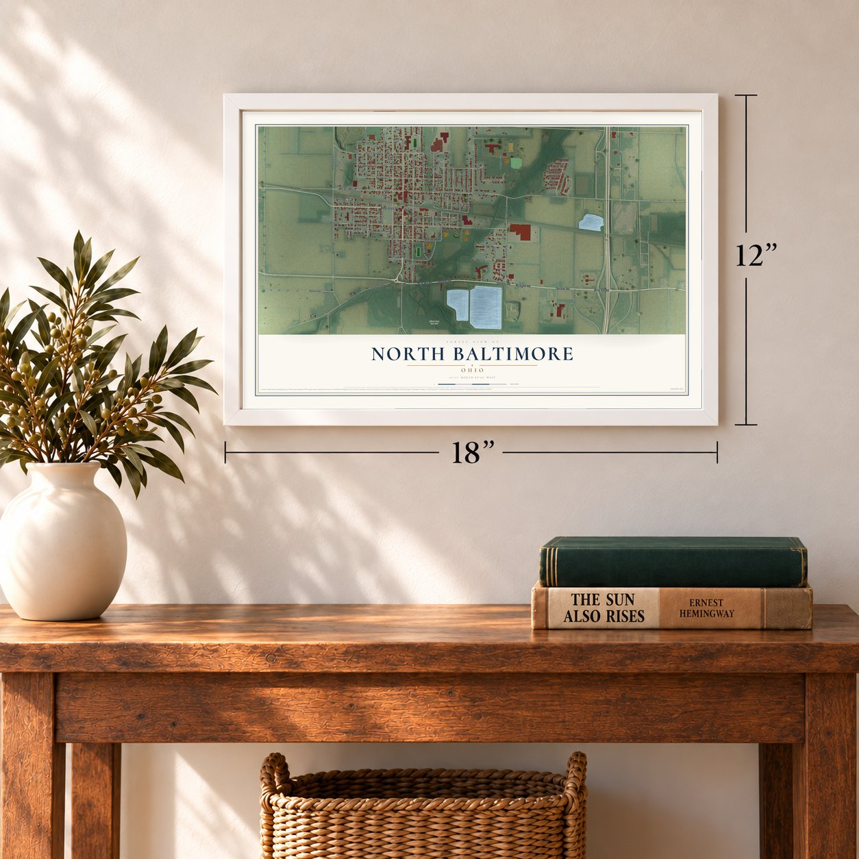 North Baltimore, Ohio map, 12 x 18 inch print in a white frame in an entryway