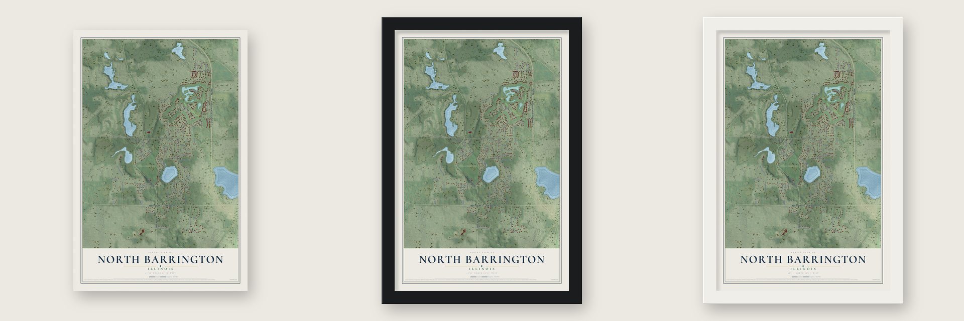North Barrington, Illinois map unframed, in a black wood frame and in a white wood frame