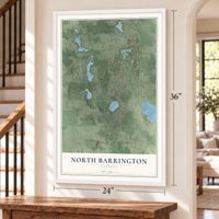 North Barrington, Illinois map, 24 x 36 inch print in a white frame by a staircase