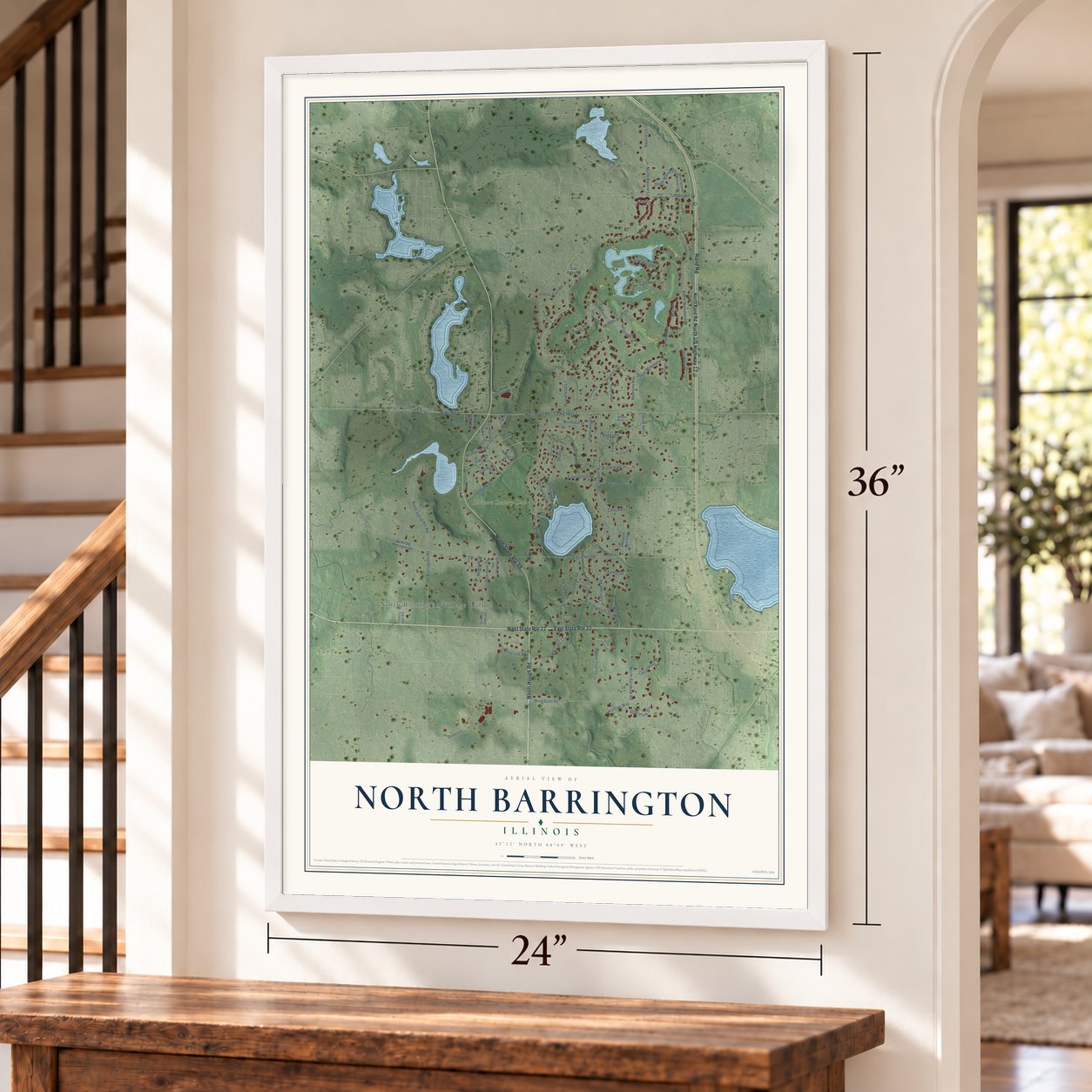 North Barrington, Illinois map, 24 x 36 inch print in a white frame by a staircase