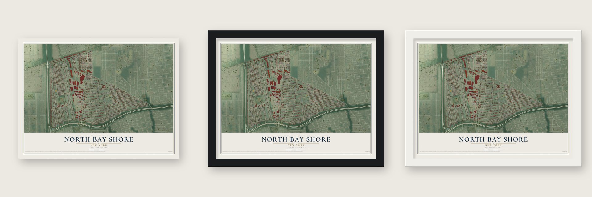 North Bay Shore, New York map unframed, in a black wood frame and in a white wood frame