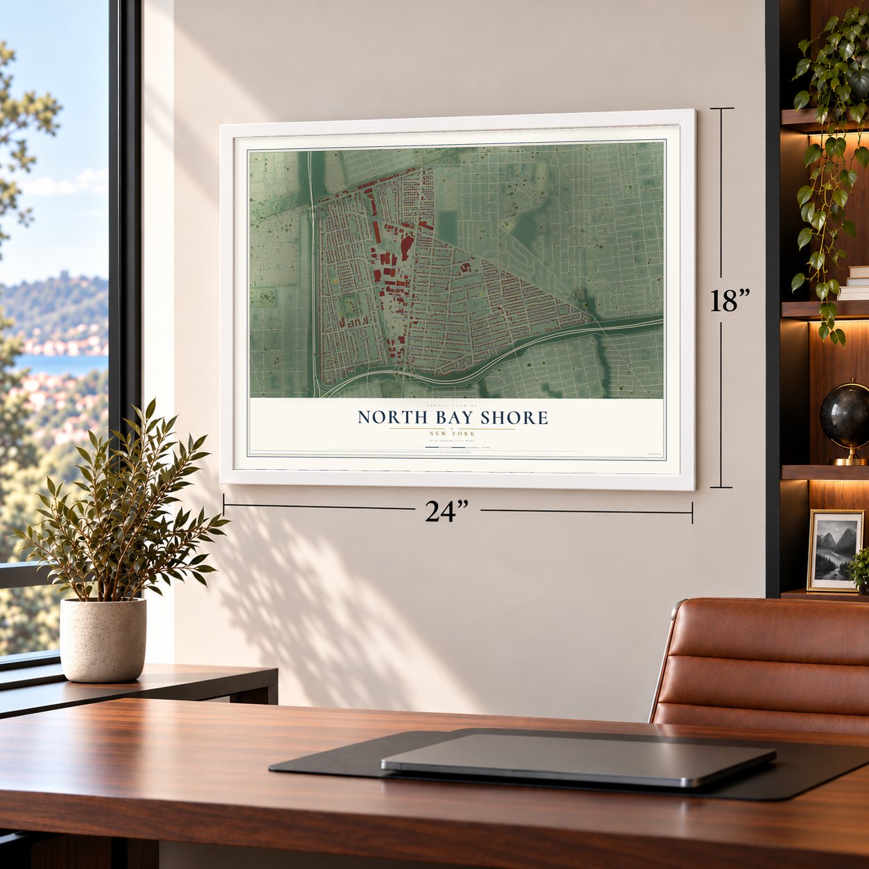 North Bay Shore, New York map, 18 x 24 inch print in a white frame in a home office