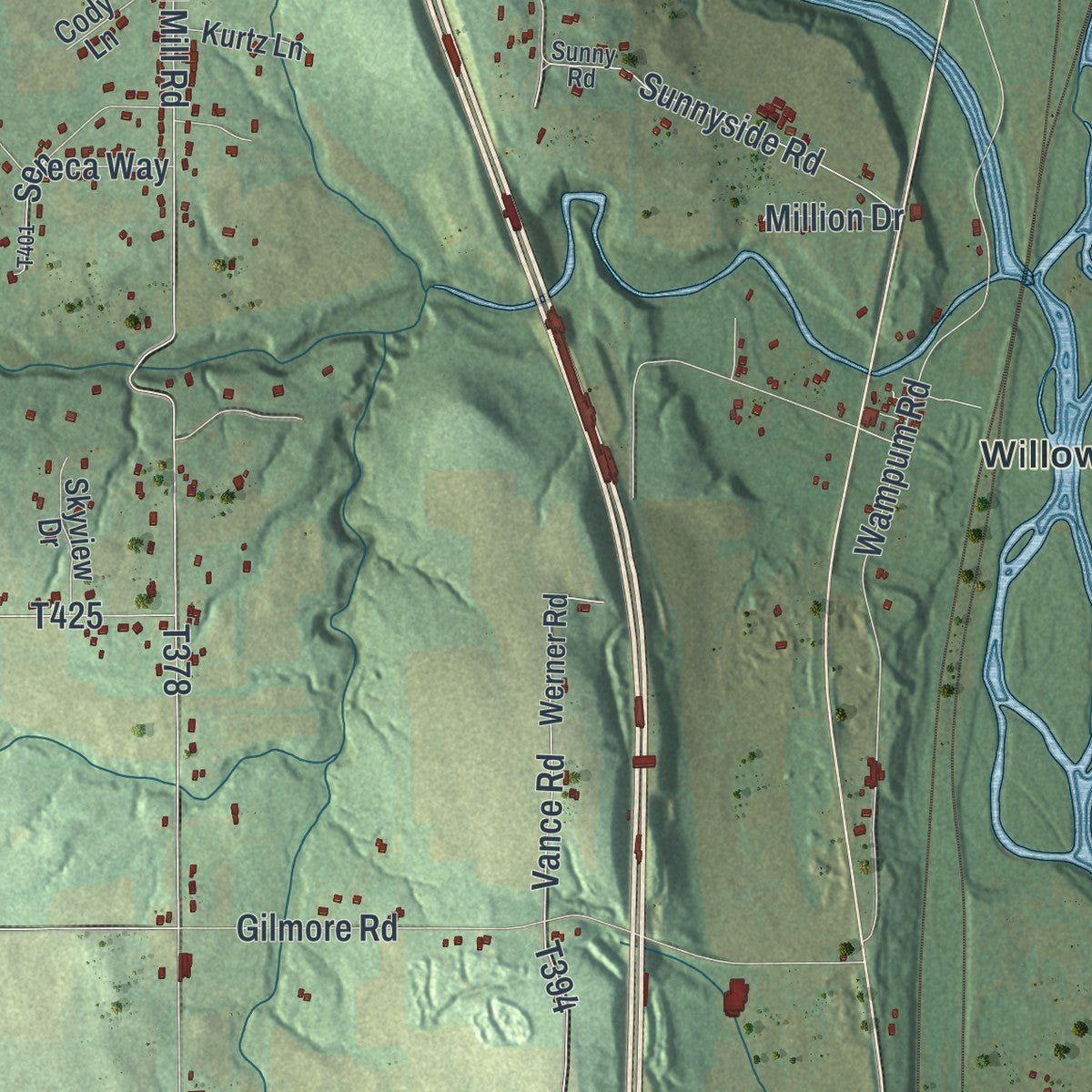 Second close-up of the map of North Beaver, Pennsylvania print showing more streets and buildings