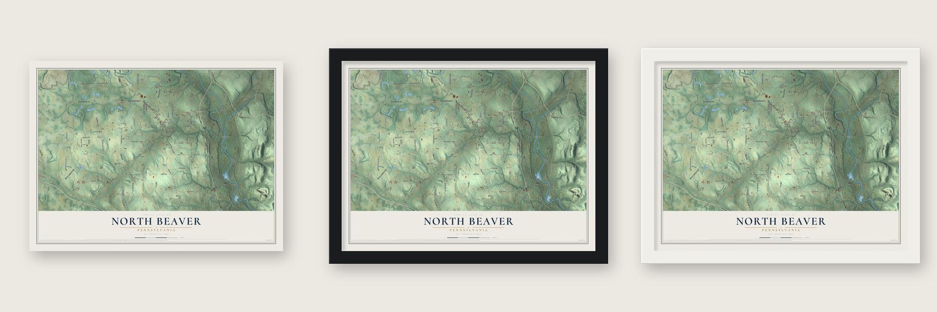 North Beaver, Pennsylvania map unframed, in a black wood frame and in a white wood frame