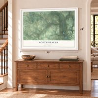 North Beaver, Pennsylvania map, 24 x 36 inch print in a white frame above a dresser by a staircase