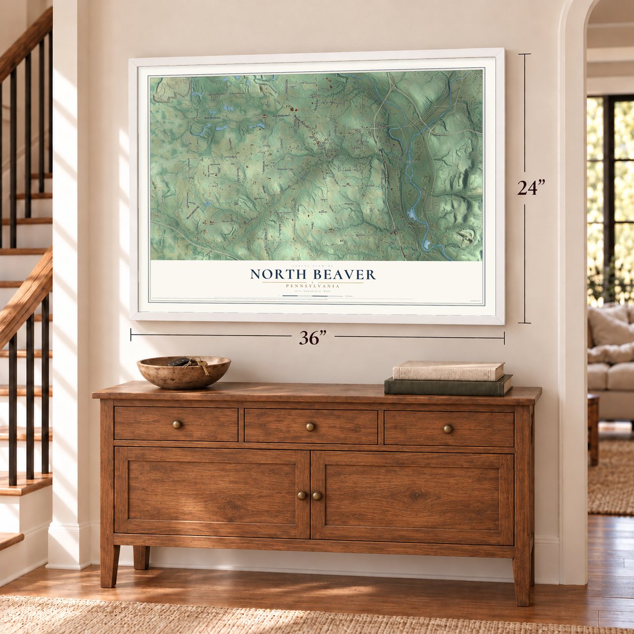 North Beaver, Pennsylvania map, 24 x 36 inch print in a white frame above a dresser by a staircase
