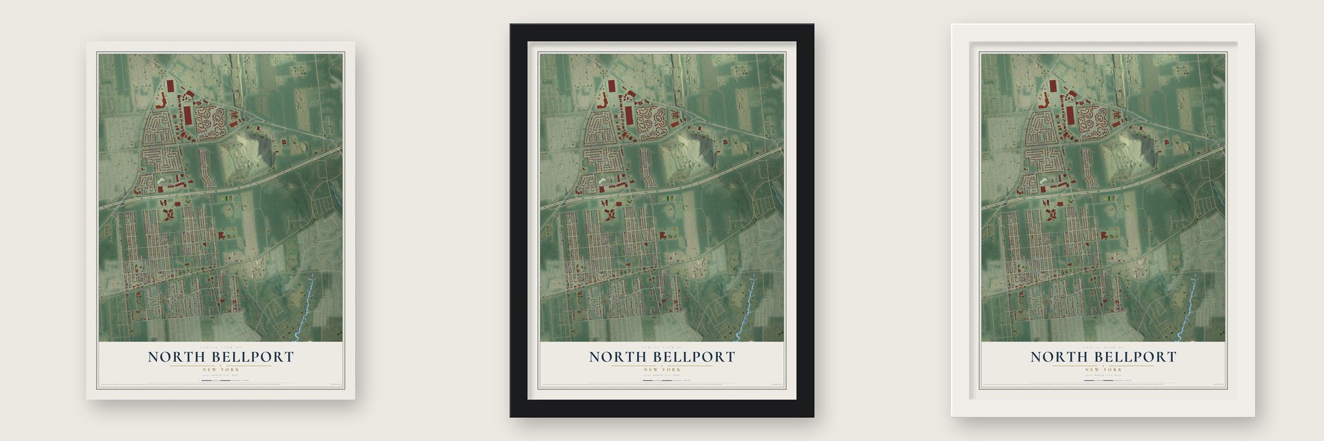 North Bellport, New York map unframed, in a black wood frame and in a white wood frame