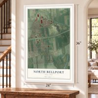 North Bellport, New York map, 24 x 36 inch print in a white frame by a staircase