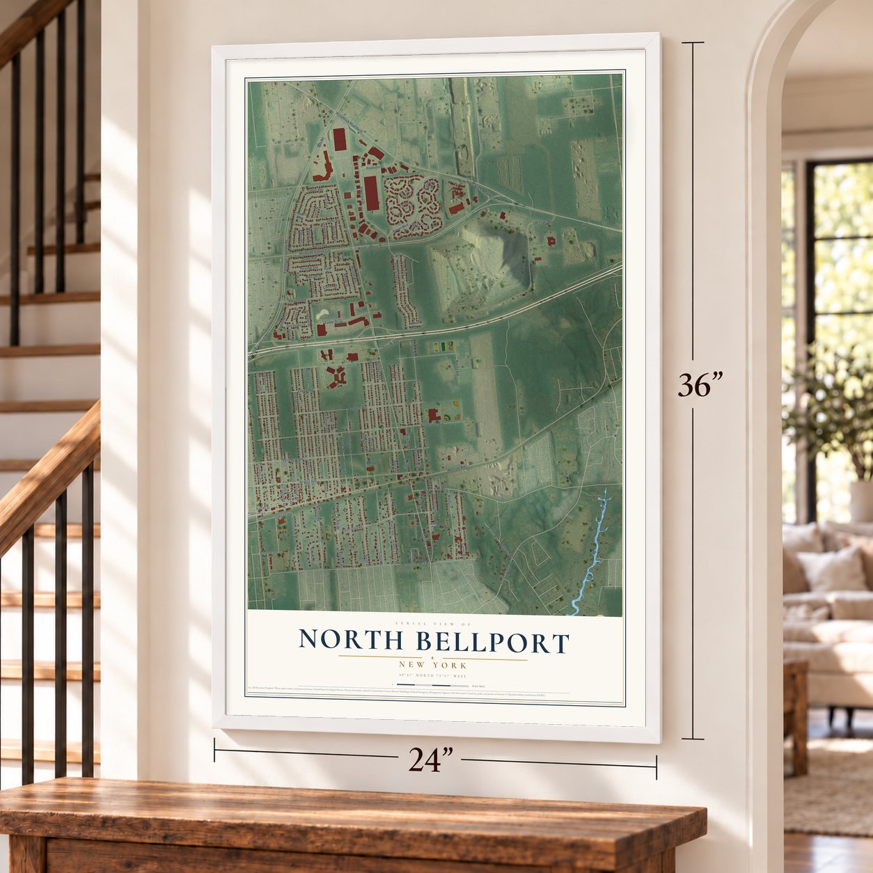 North Bellport, New York map, 24 x 36 inch print in a white frame by a staircase