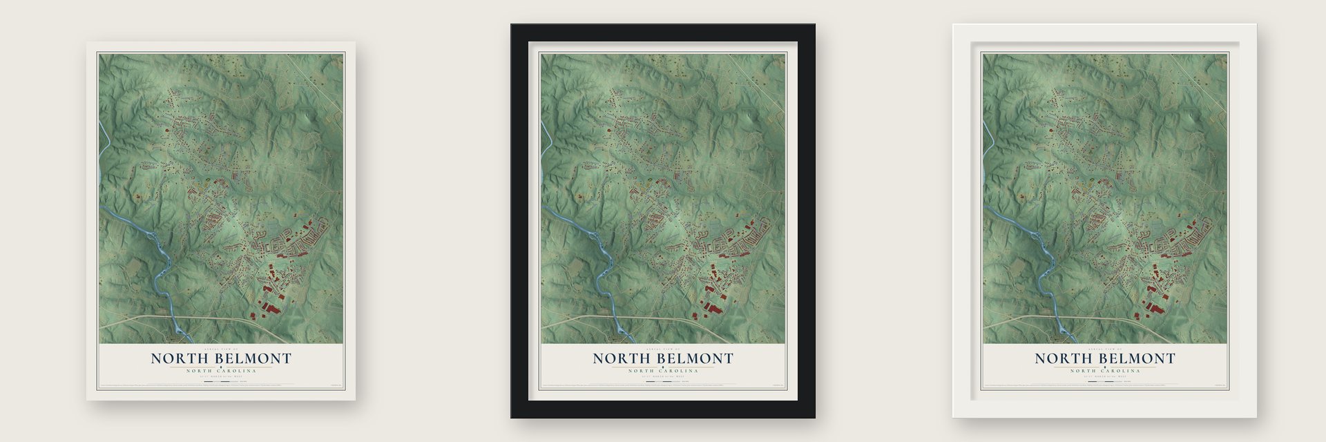 North Belmont, North Carolina map unframed, in a black wood frame and in a white wood frame
