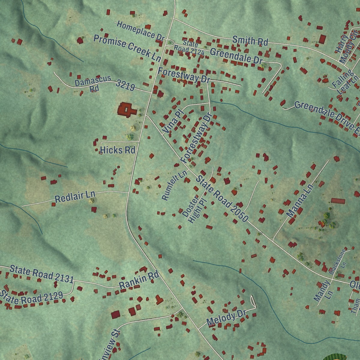 Second close-up of the map of North Belmont, North Carolina print showing more streets and buildings