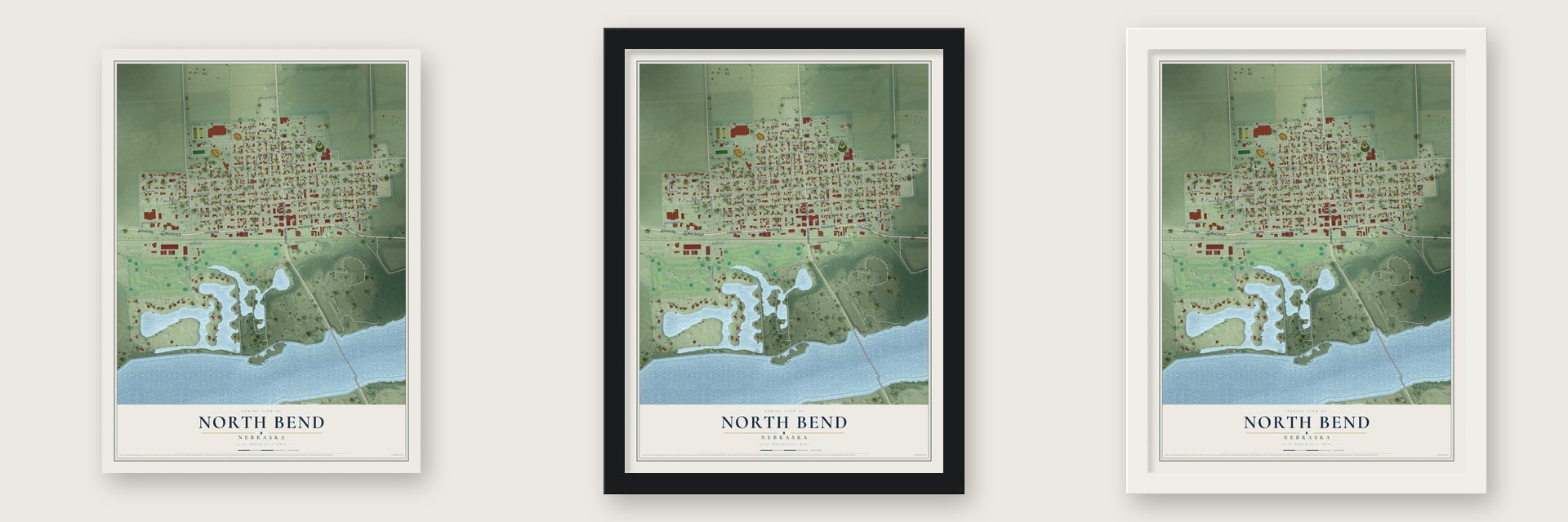 North Bend, Nebraska map unframed, in a black wood frame and in a white wood frame