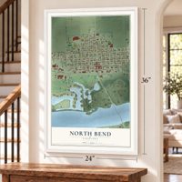 North Bend, Nebraska map, 24 x 36 inch print in a white frame by a staircase