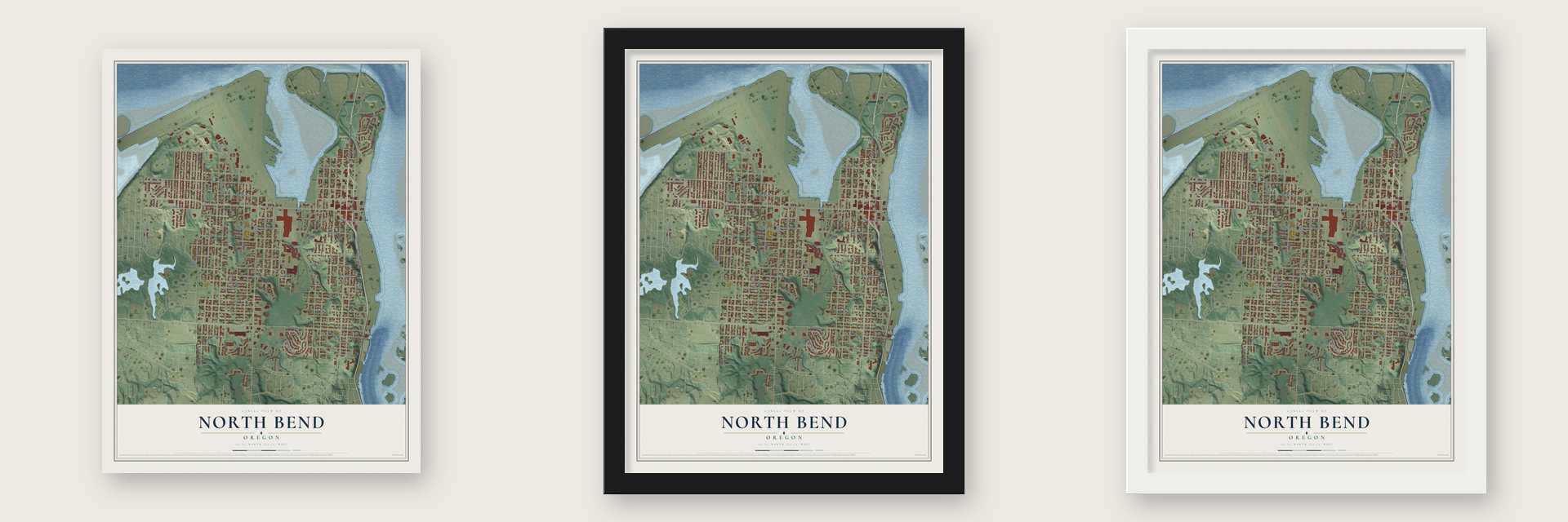 North Bend, Oregon map unframed, in a black wood frame and in a white wood frame
