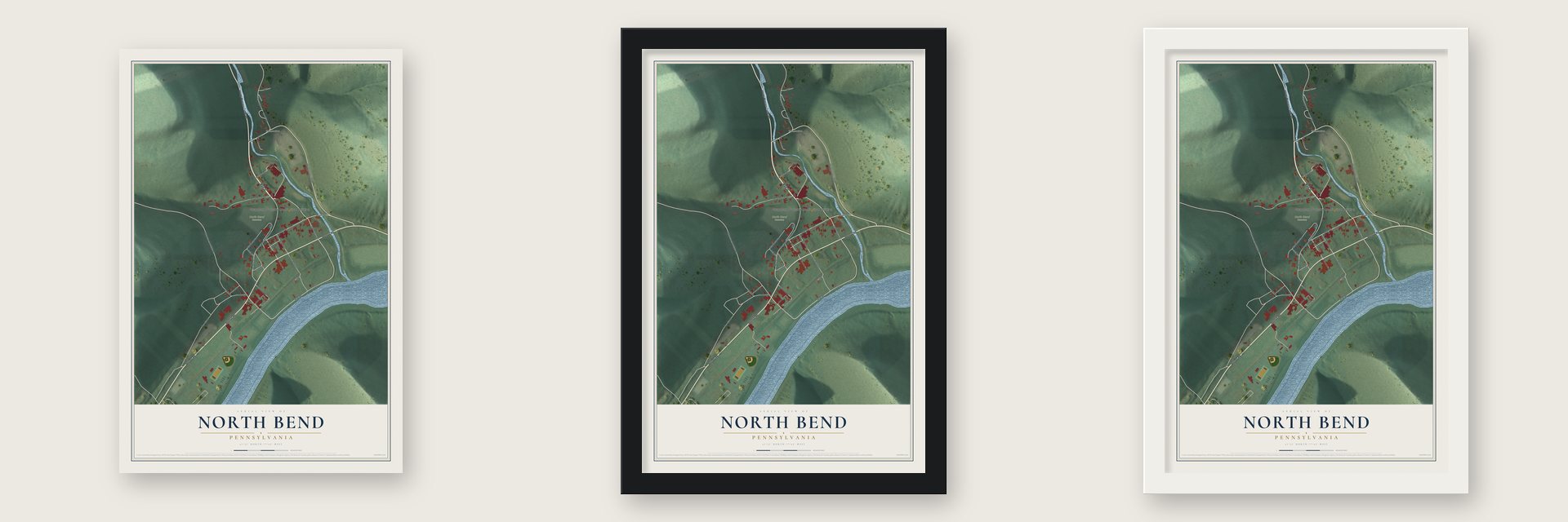 North Bend, Pennsylvania map unframed, in a black wood frame and in a white wood frame