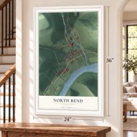 North Bend, Pennsylvania map, 24 x 36 inch print in a white frame by a staircase