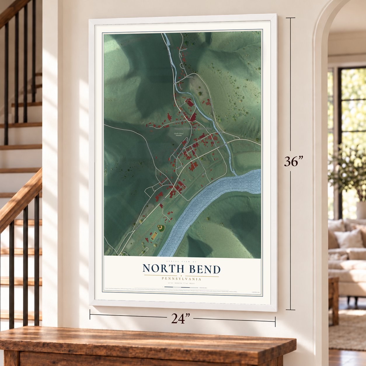 North Bend, Pennsylvania map, 24 x 36 inch print in a white frame by a staircase