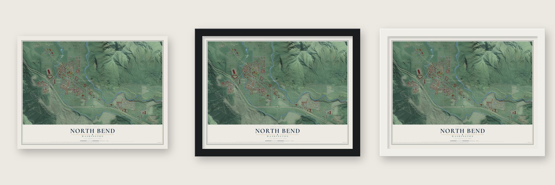 North Bend, Washington map unframed, in a black wood frame and in a white wood frame