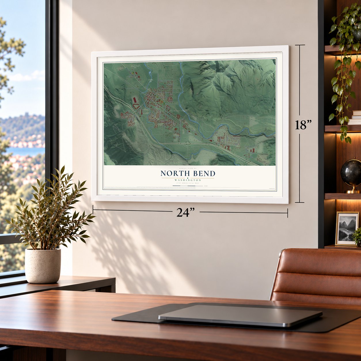North Bend, Washington map, 18 x 24 inch print in a white frame in a home office