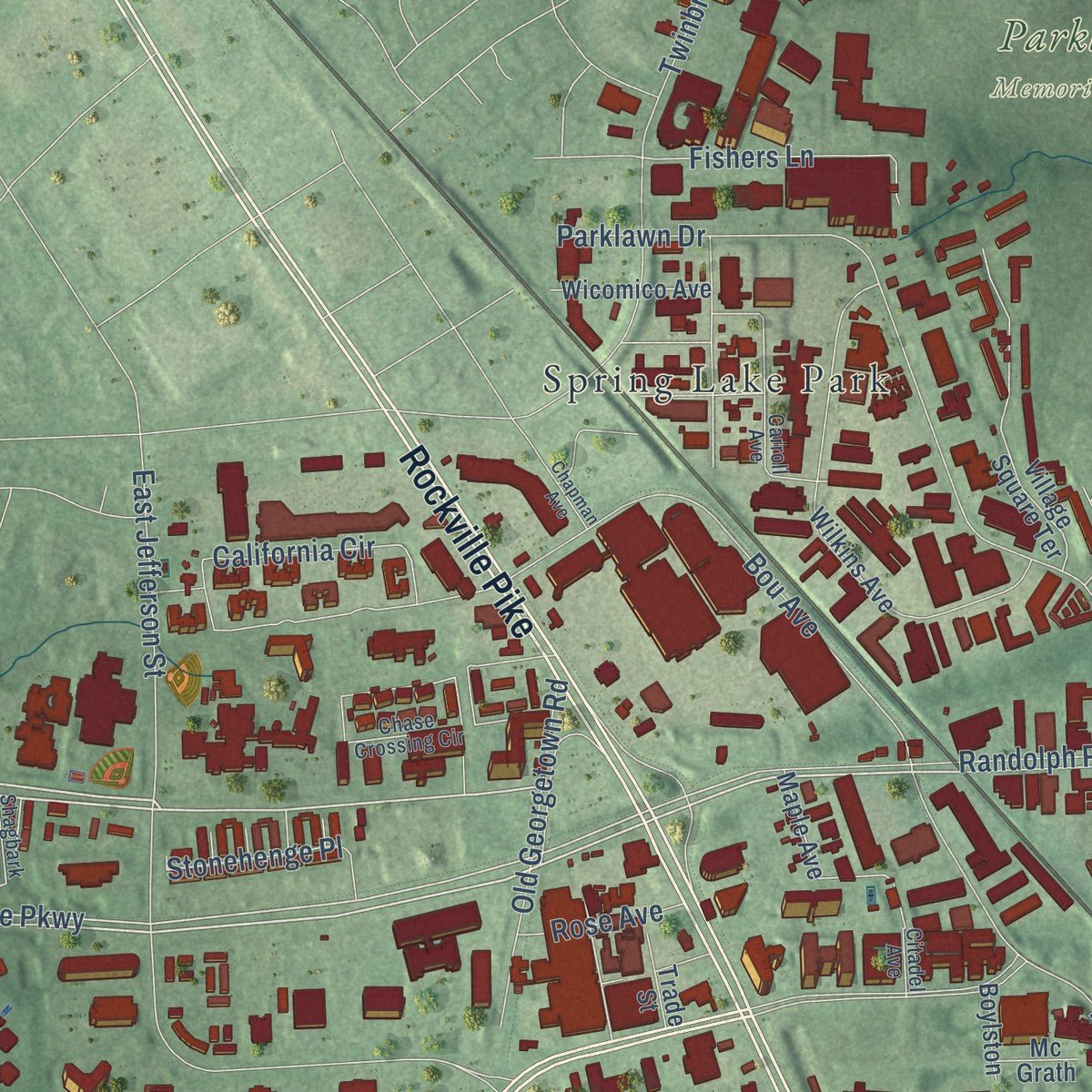 Second close-up of the map of North Bethesda, Maryland print showing more streets and buildings