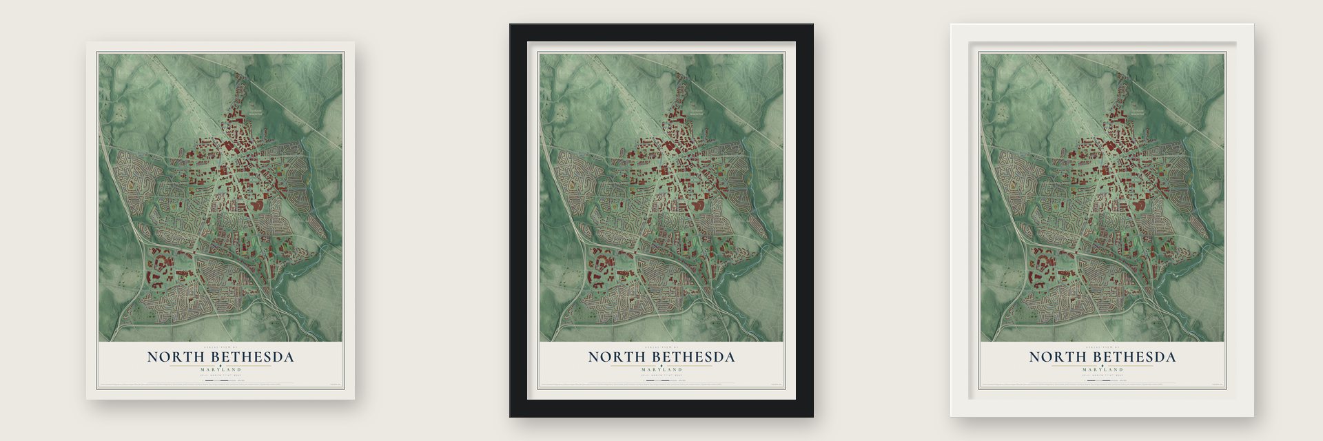 North Bethesda, Maryland map unframed, in a black wood frame and in a white wood frame