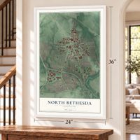 North Bethesda, Maryland map, 24 x 36 inch print in a white frame by a staircase