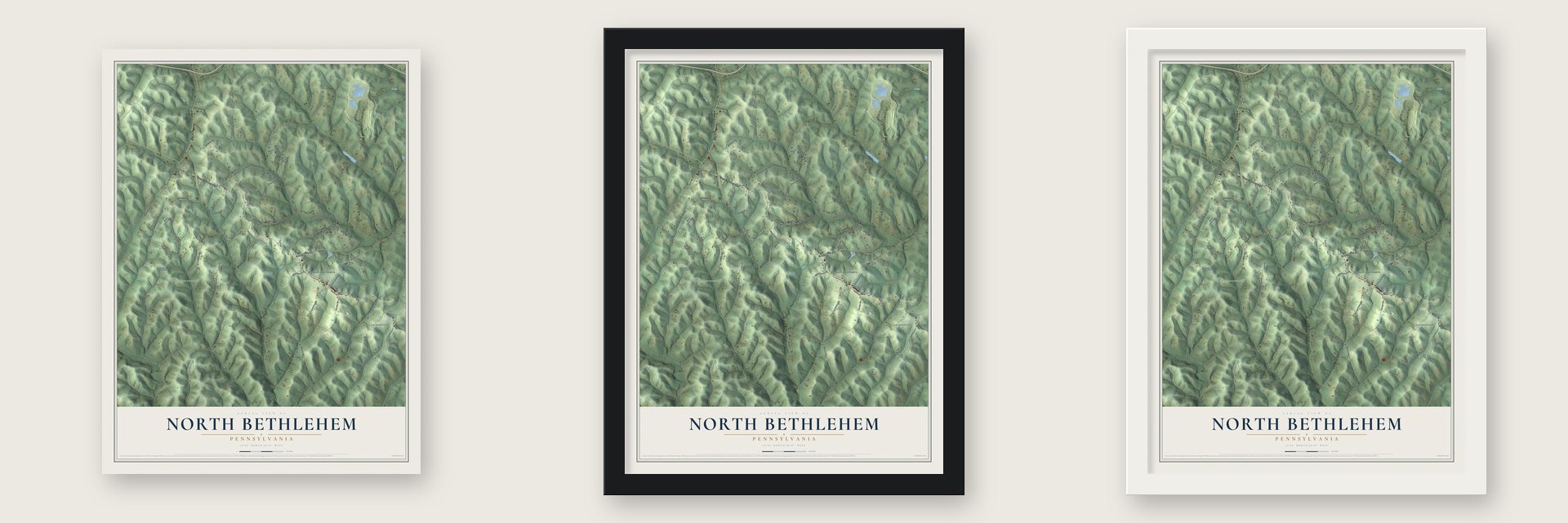 North Bethlehem, Pennsylvania map unframed, in a black wood frame and in a white wood frame