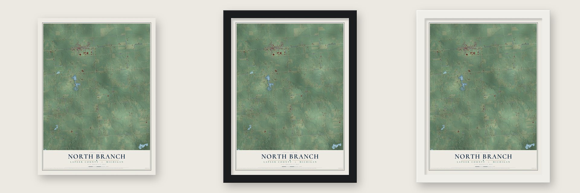 North Branch, Lapeer County, Michigan map unframed, in a black wood frame and in a white wood frame