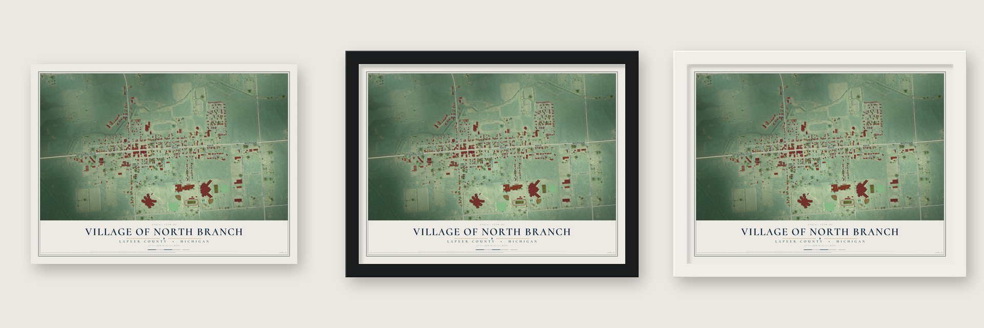 North Branch, Michigan map unframed, in a black wood frame and in a white wood frame
