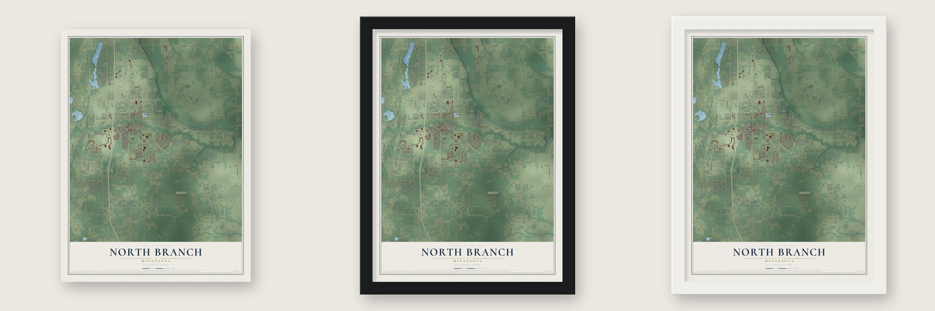 North Branch, Minnesota map unframed, in a black wood frame and in a white wood frame