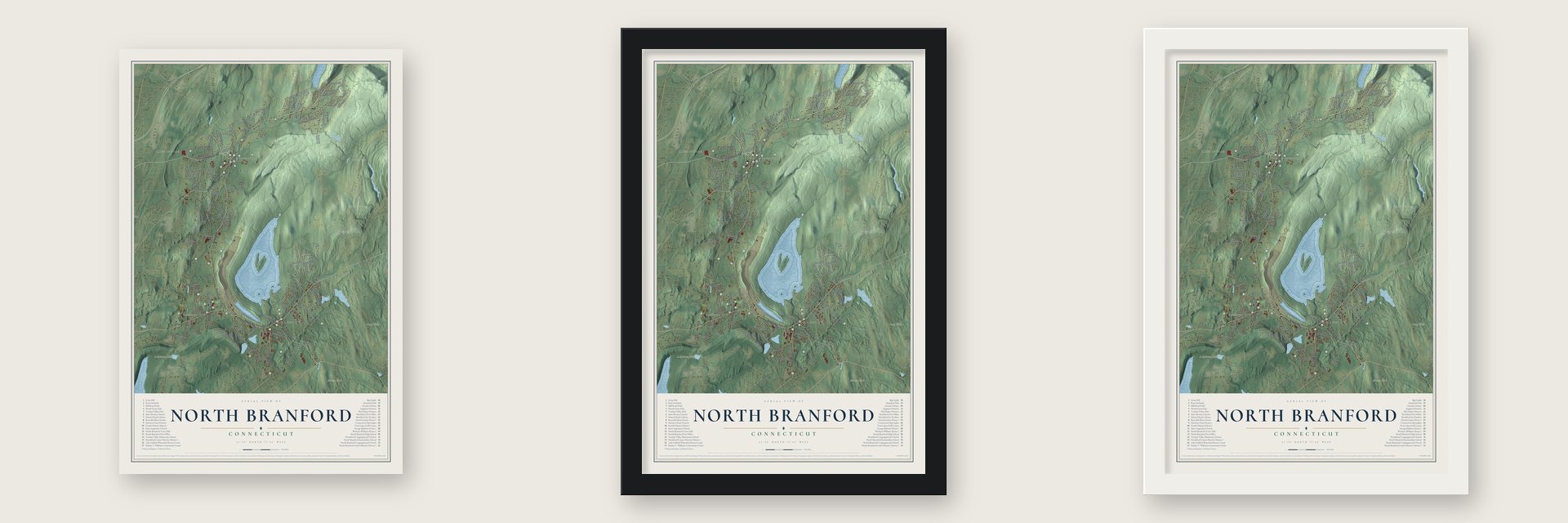 North Branford, Connecticut map unframed, in a black wood frame and in a white wood frame