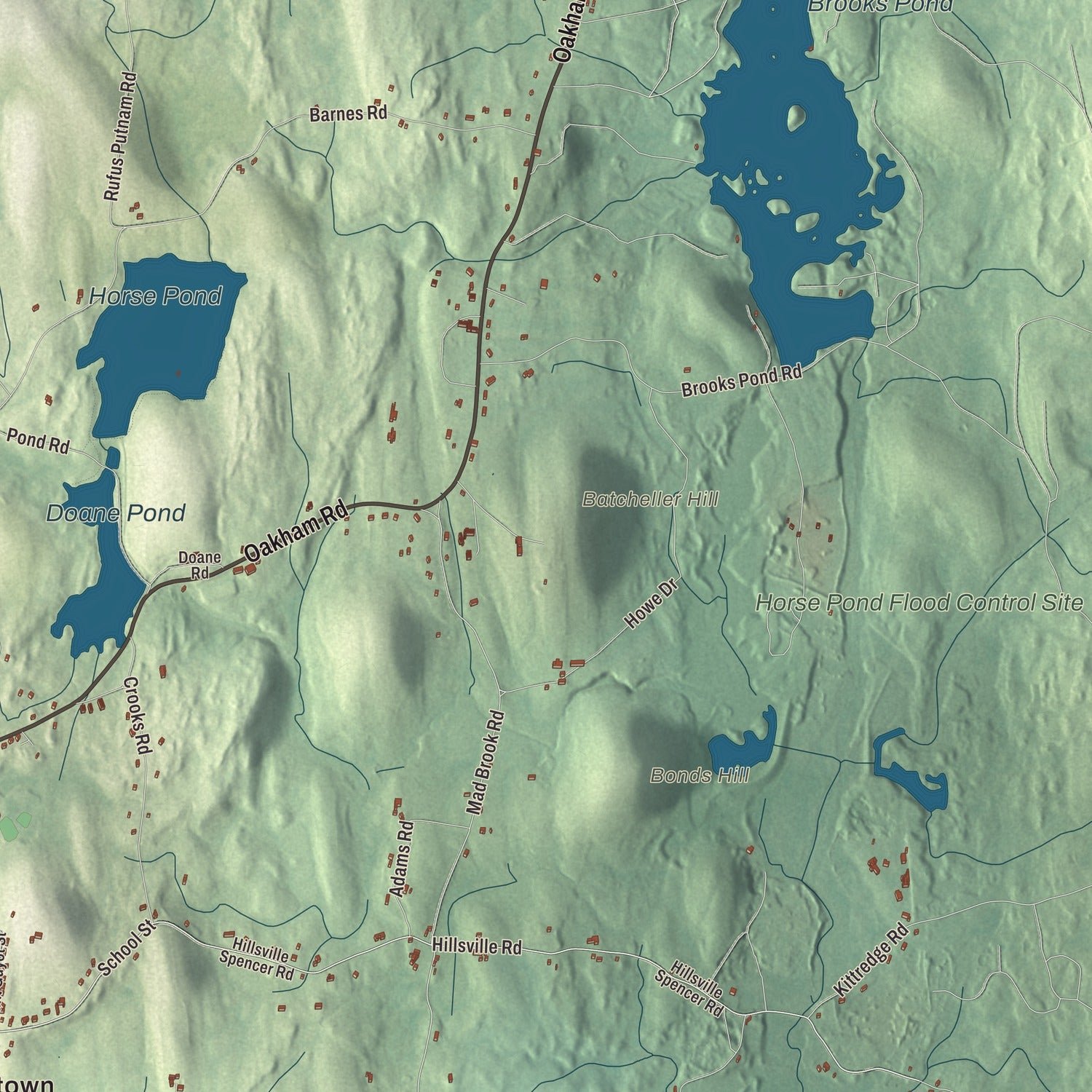 Close-up of the map of North Brookfield, Massachusetts print showing terrain and local geography