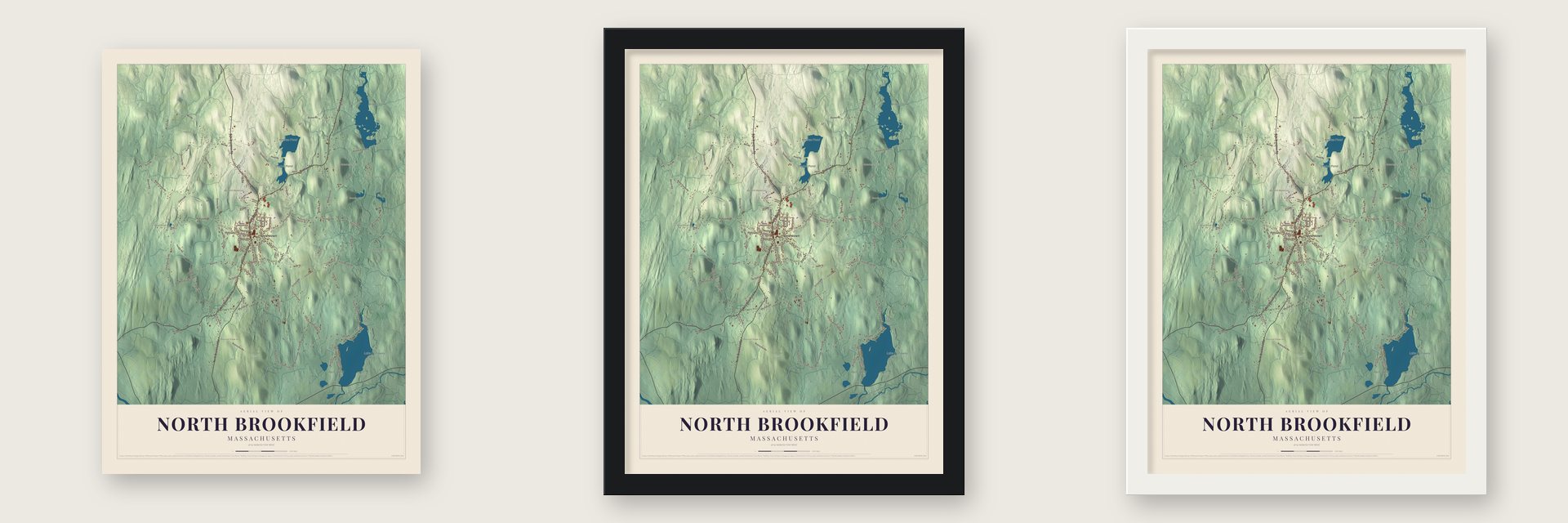 North Brookfield, Massachusetts map unframed, in a black wood frame and in a white wood frame