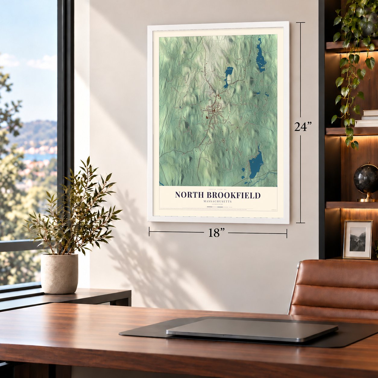 North Brookfield, Massachusetts map, 18 x 24 inch print in a white frame in a home office
