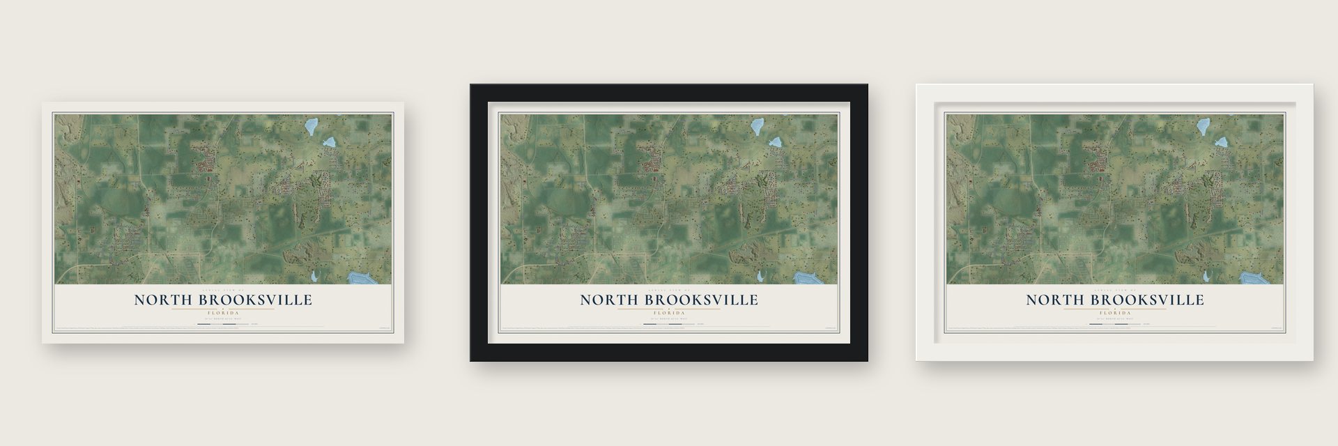 North Brooksville, Florida map unframed, in a black wood frame and in a white wood frame