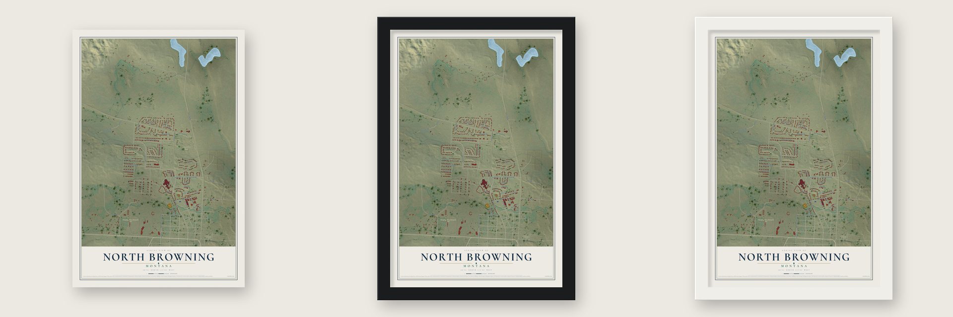 North Browning, Montana map unframed, in a black wood frame and in a white wood frame