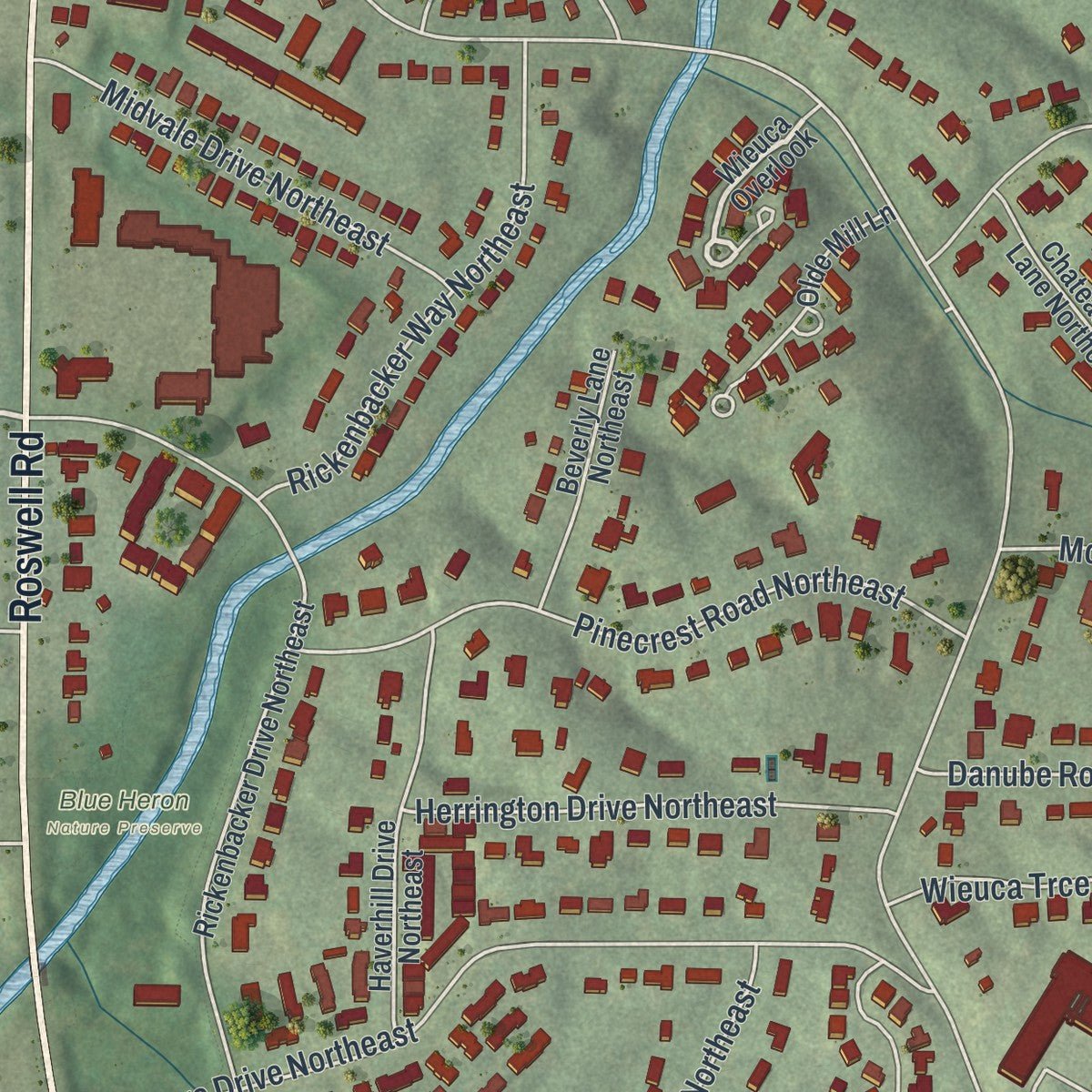 Second close-up of the map of North Buckhead, Georgia print showing more streets and buildings