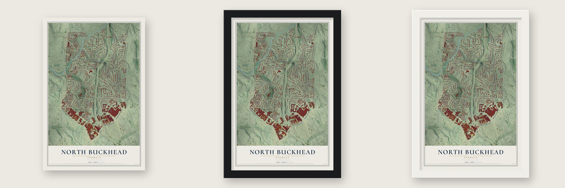 North Buckhead, Georgia map unframed, in a black wood frame and in a white wood frame
