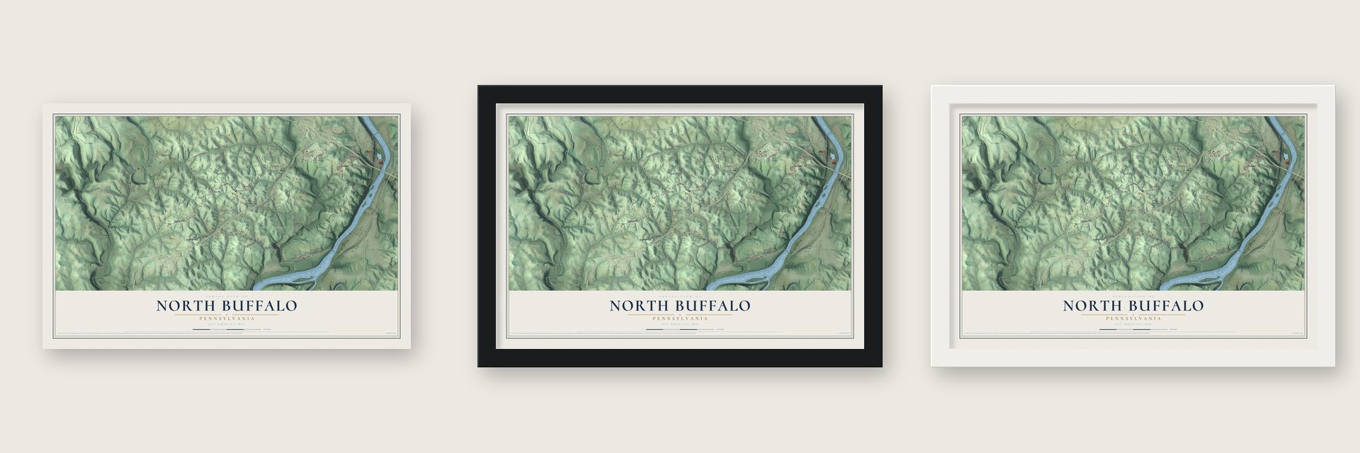 North Buffalo, Pennsylvania map unframed, in a black wood frame and in a white wood frame