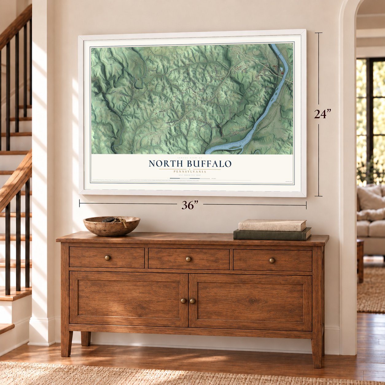 North Buffalo, Pennsylvania map, 24 x 36 inch print in a white frame above a dresser by a staircase