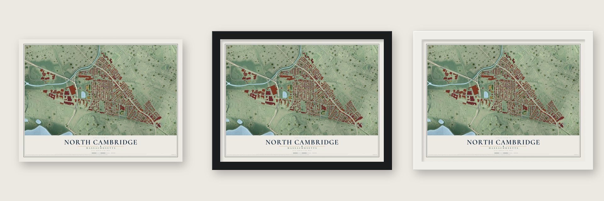 North Cambridge, Massachusetts map unframed, in a black wood frame and in a white wood frame