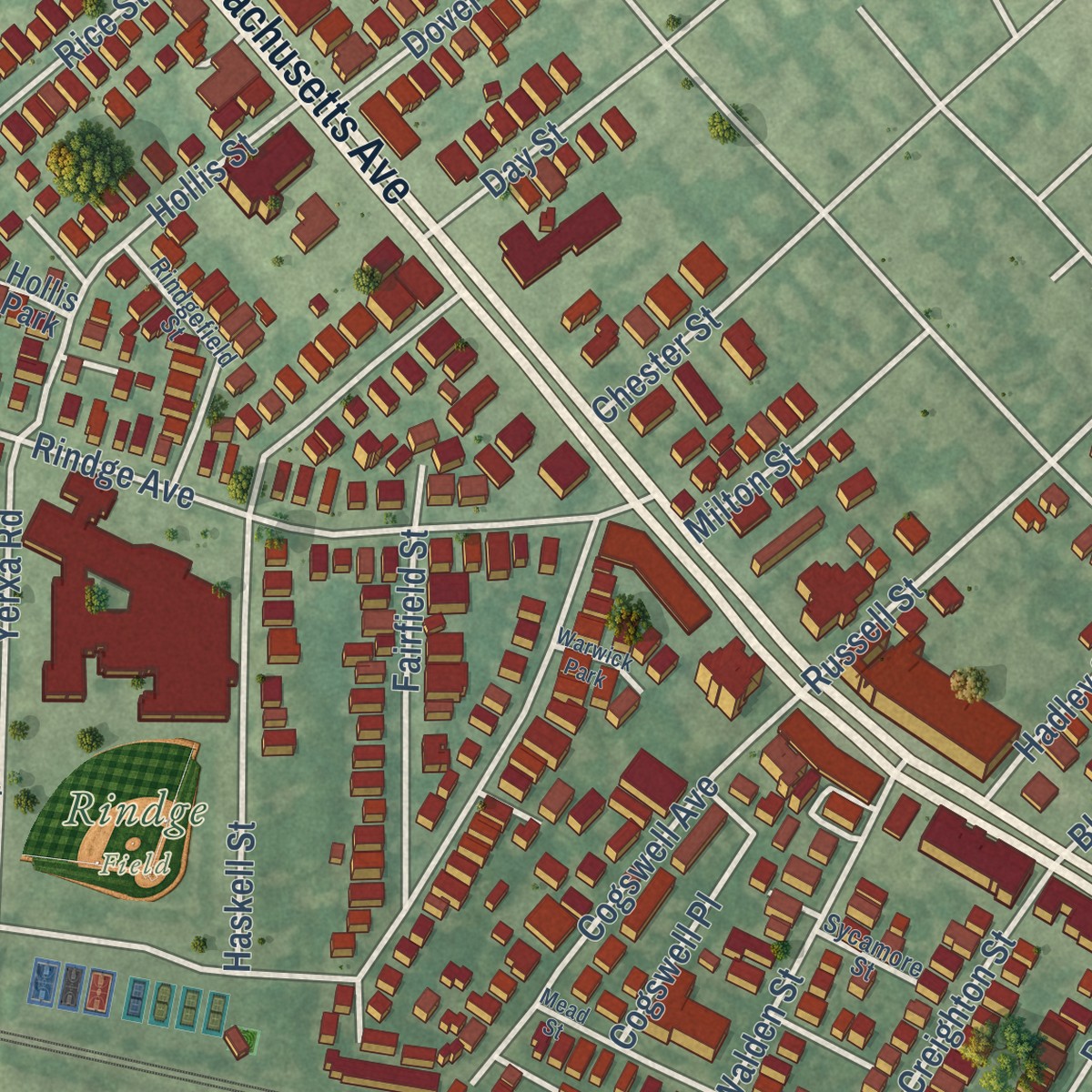 Second close-up of the map of North Cambridge, Massachusetts print showing more streets and buildings