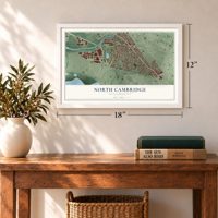 North Cambridge, Massachusetts map, 12 x 18 inch print in a white frame in an entryway