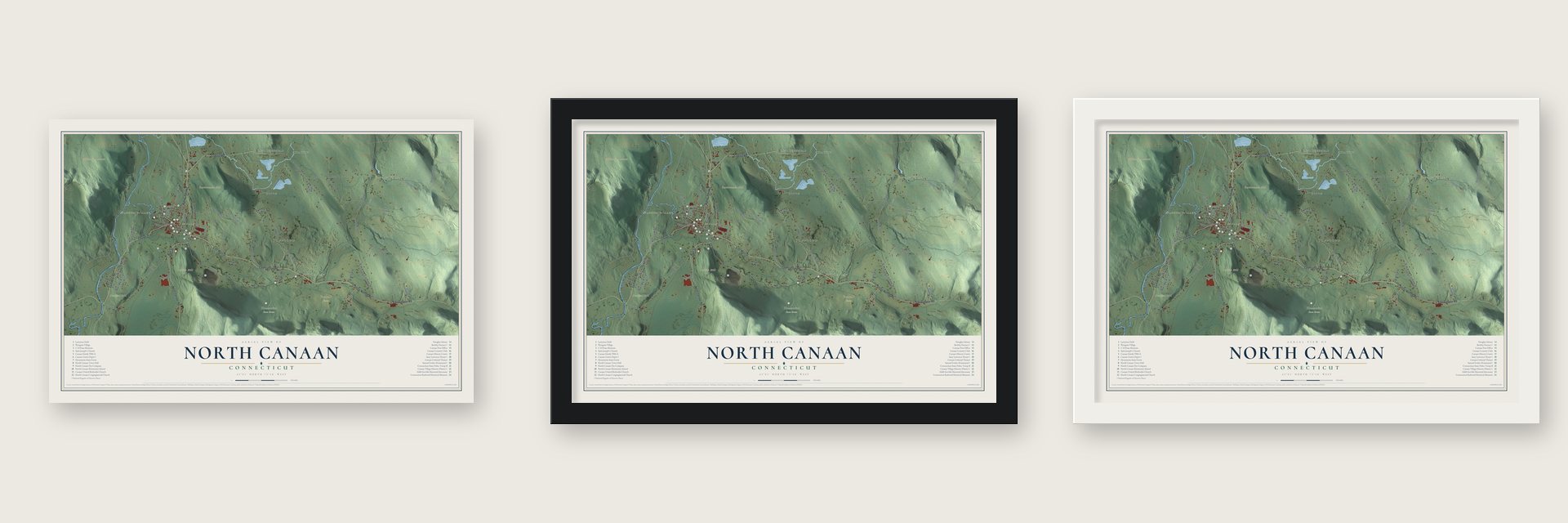 North Canaan, Connecticut map unframed, in a black wood frame and in a white wood frame