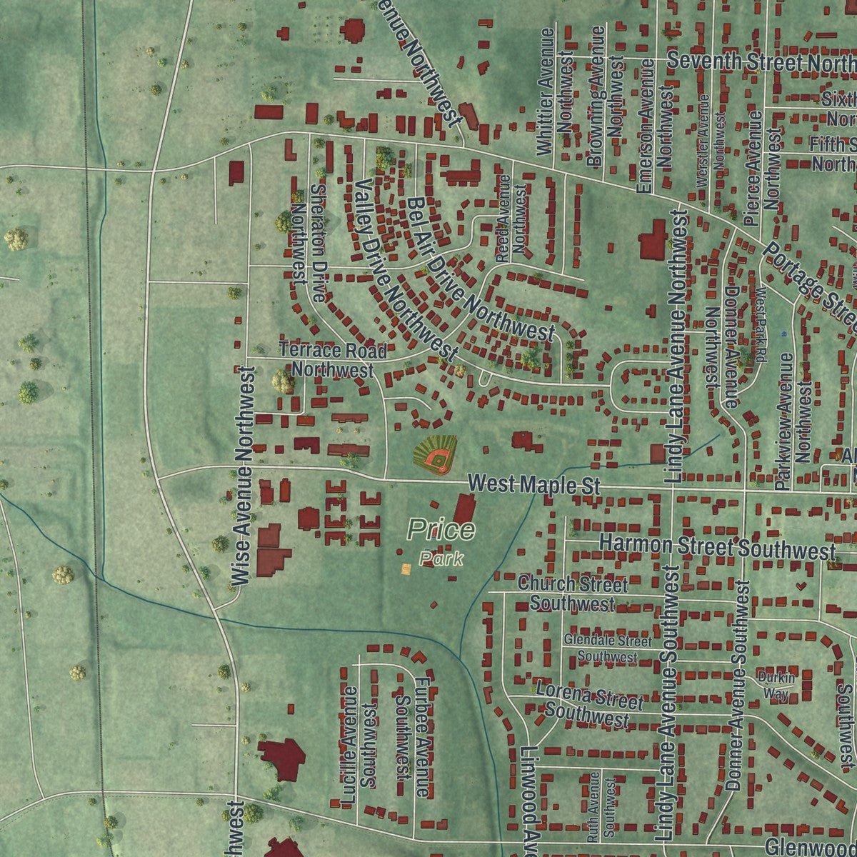 Second close-up of the map of North Canton, Ohio print showing more streets and buildings