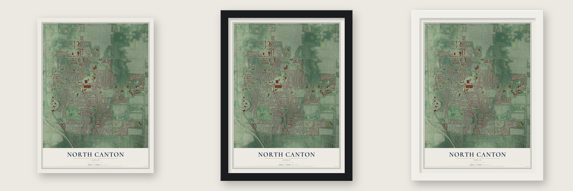 North Canton, Ohio map unframed, in a black wood frame and in a white wood frame
