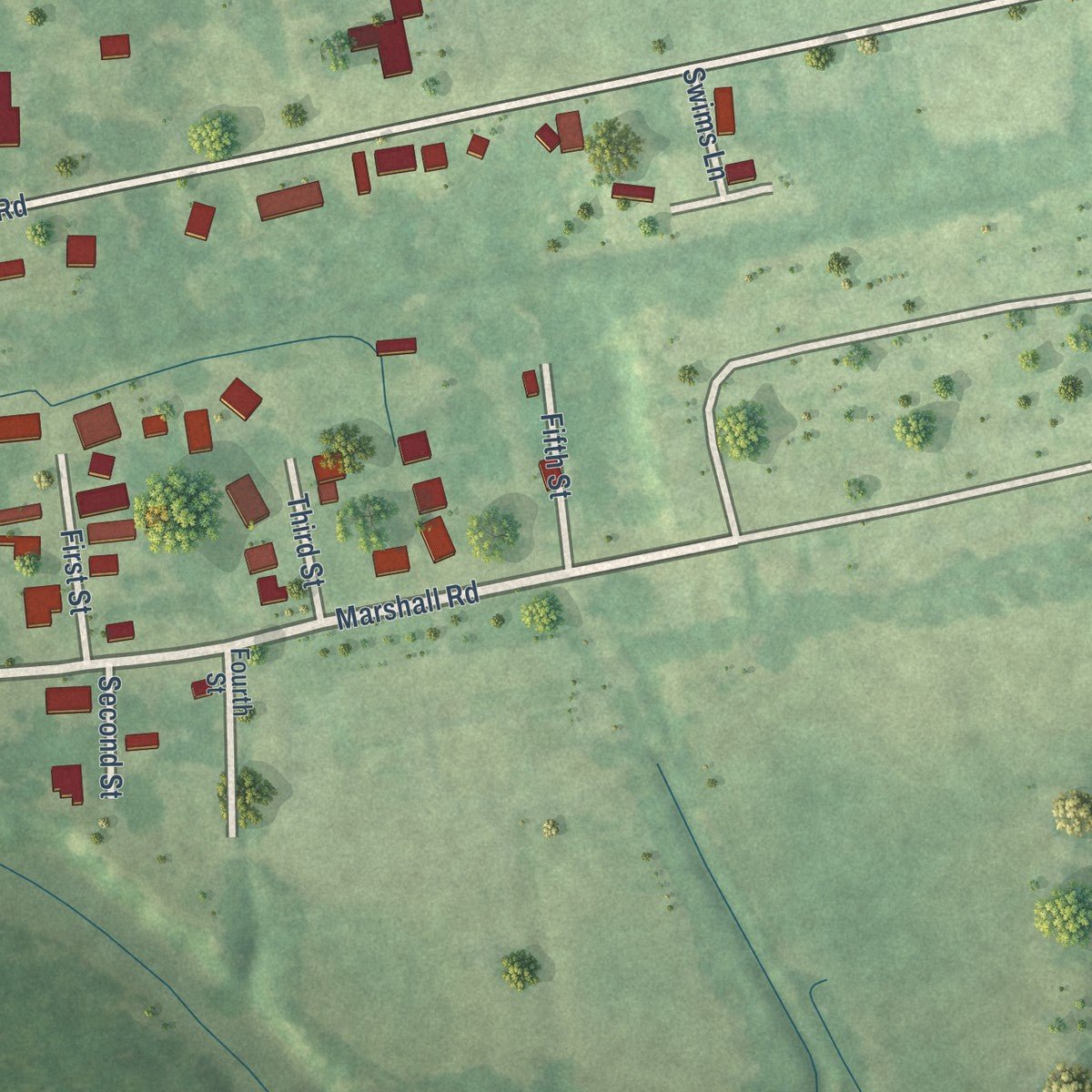 Second close-up of the map of North Carrollton, Mississippi print showing more streets and buildings
