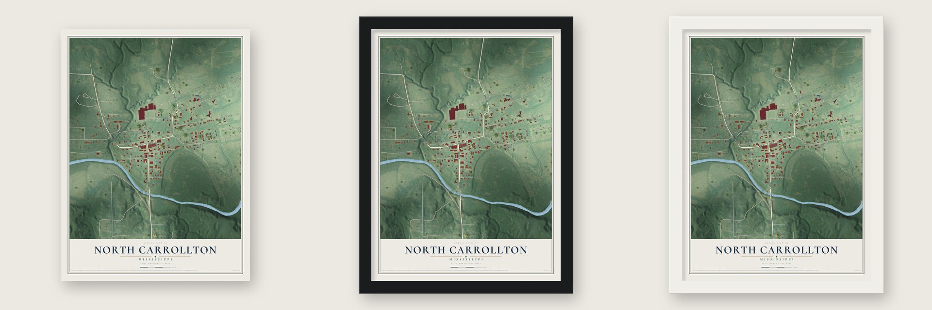 North Carrollton, Mississippi map unframed, in a black wood frame and in a white wood frame