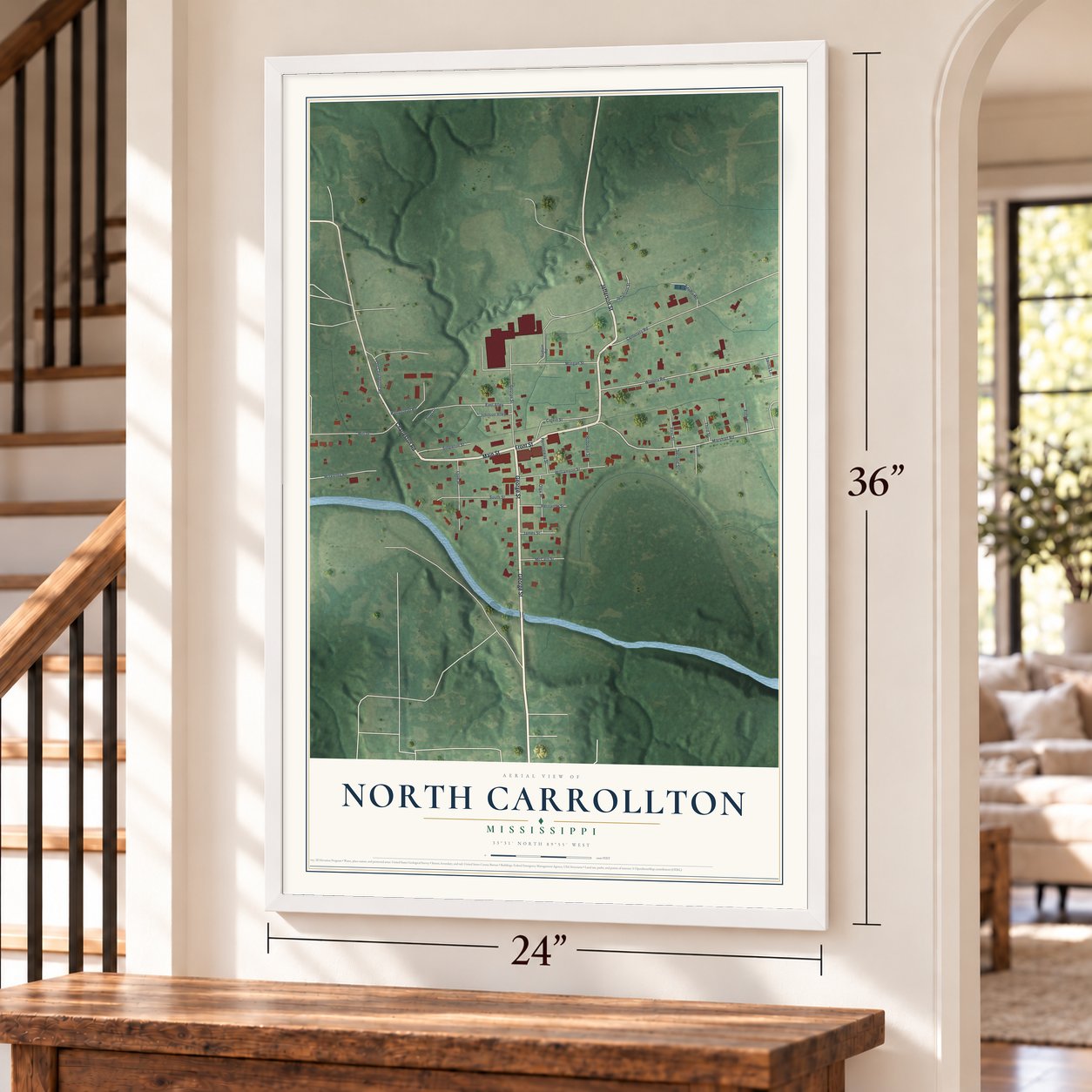 North Carrollton, Mississippi map, 24 x 36 inch print in a white frame by a staircase