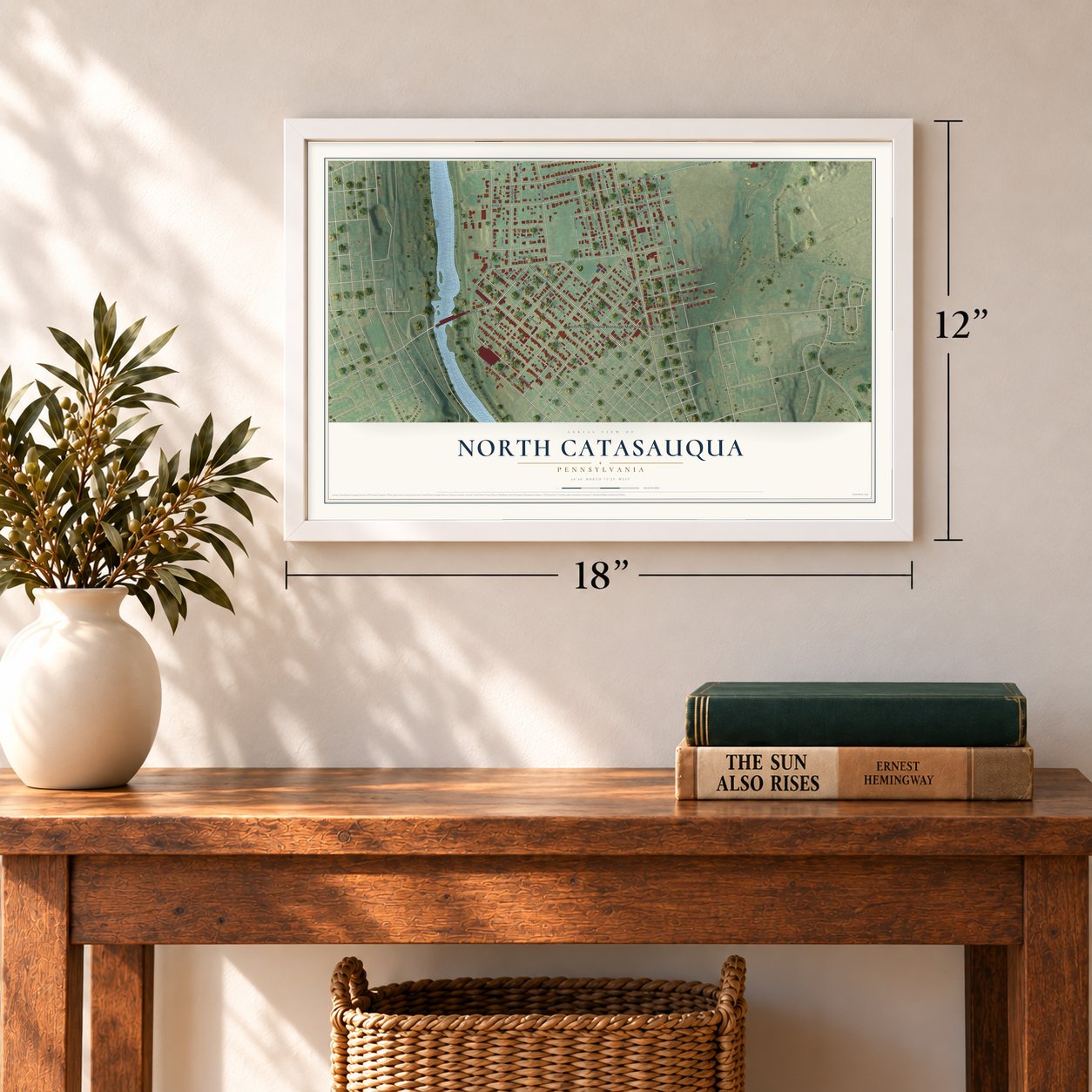 North Catasauqua, Pennsylvania map, 12 x 18 inch print in a white frame in an entryway